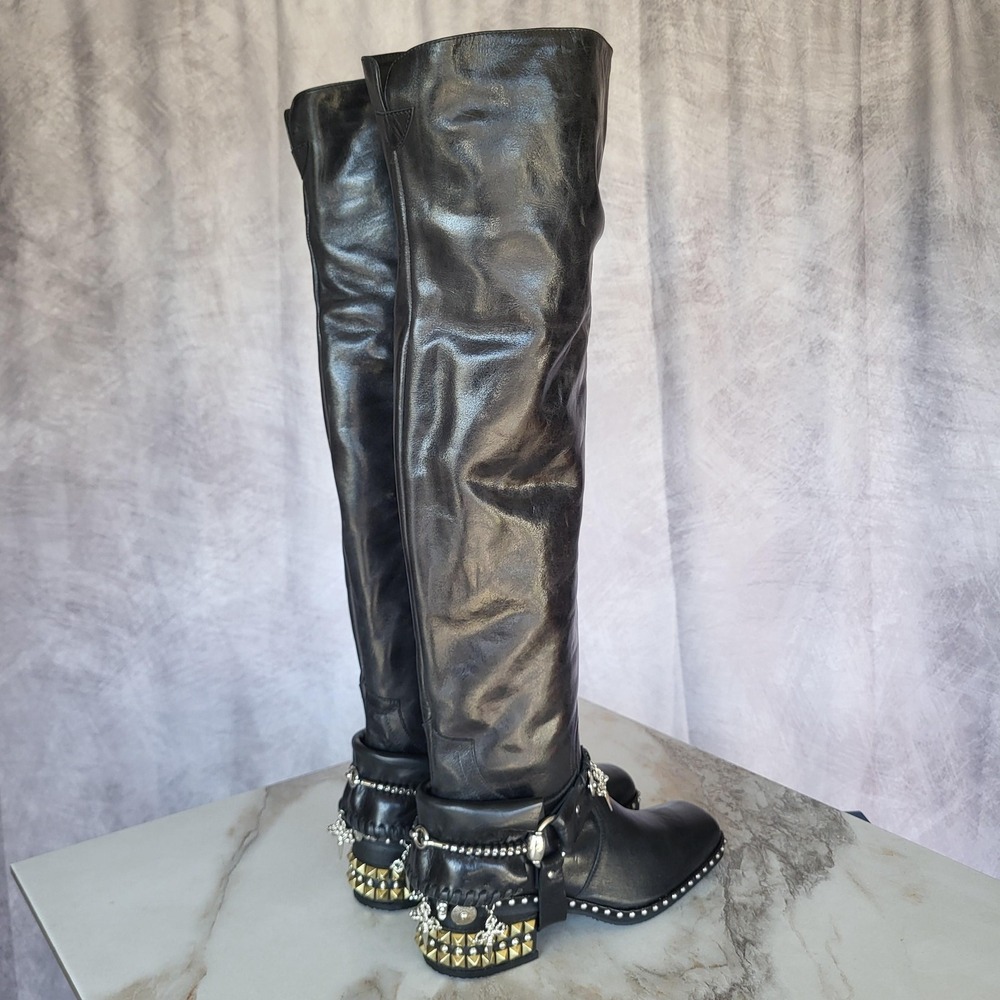 El Vaquero Tatiana Boots Womens Size 6.5 Black Leather Studded Over The Knee - Picture 7 of 16